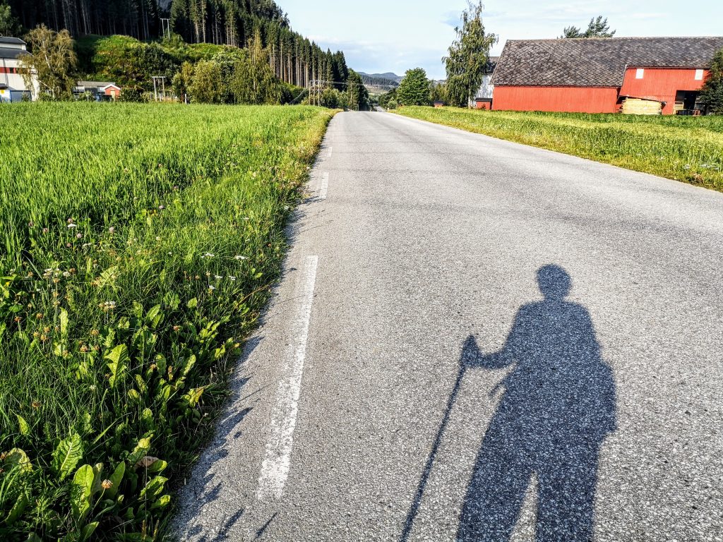 Lange schaduwen in de ochtend op de pelgrimstocht. Wandelen op de Pelgrimsroute St Olavsleden in Noorwegen