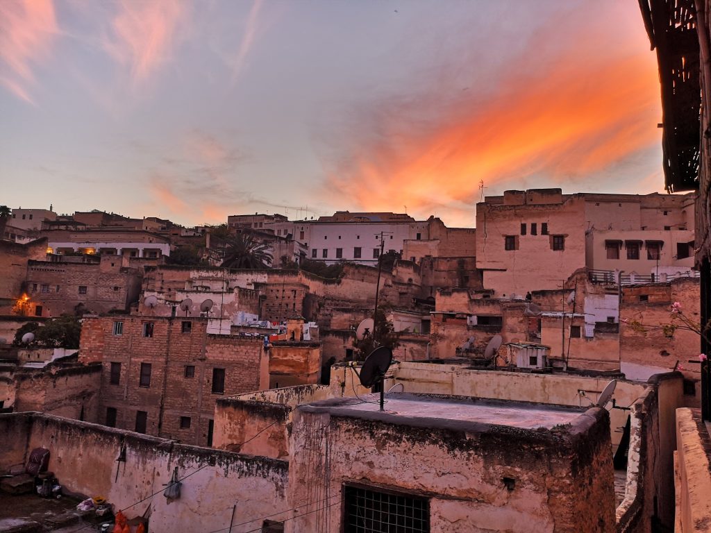 Travel Guide Fez - Sunset from the rooftop of riad Rcif in the medina